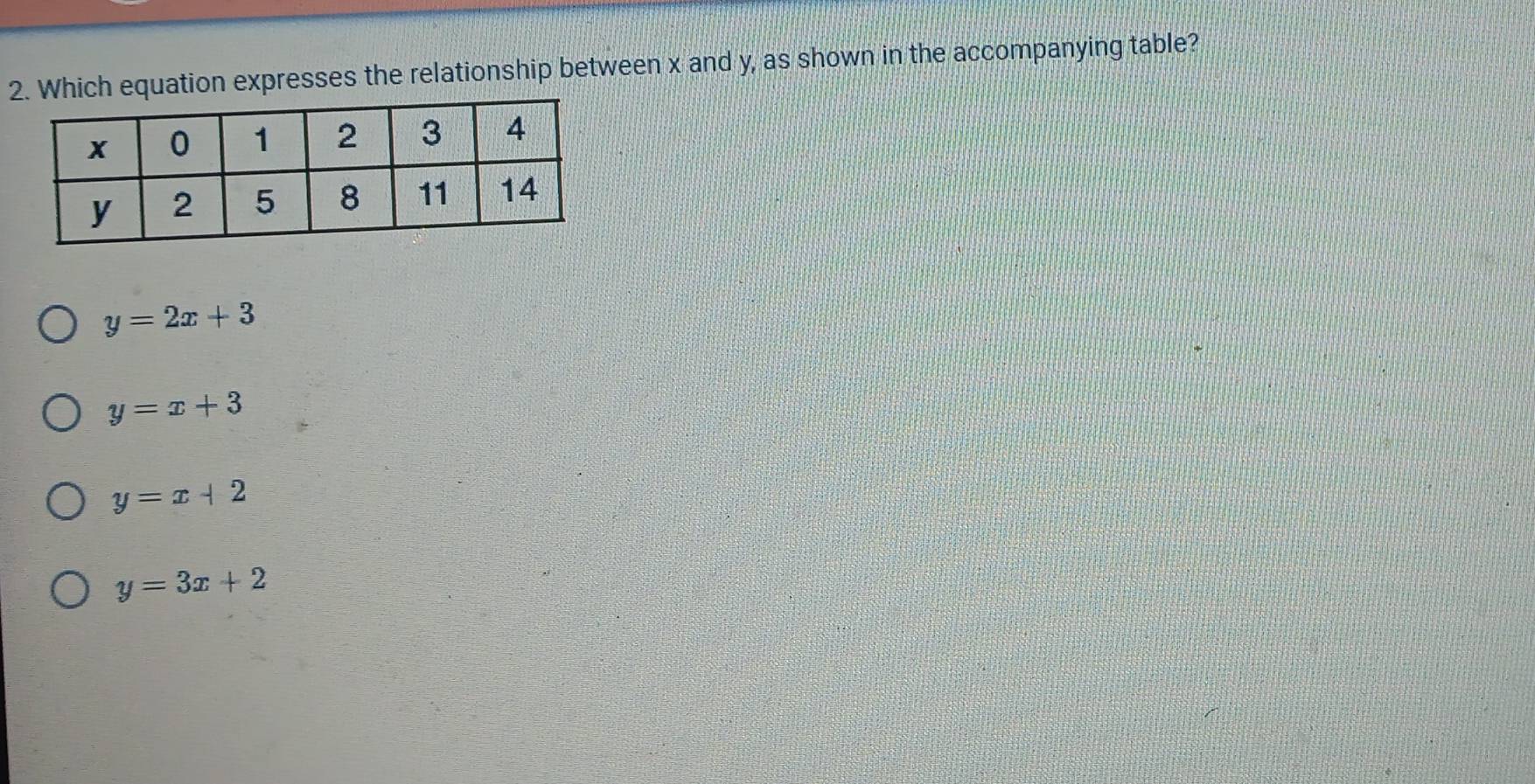 Which equation expresses the relationship between x and y, as shown in the accompanying table?
y=2x+3
y=x+3
y=x+2
y=3x+2