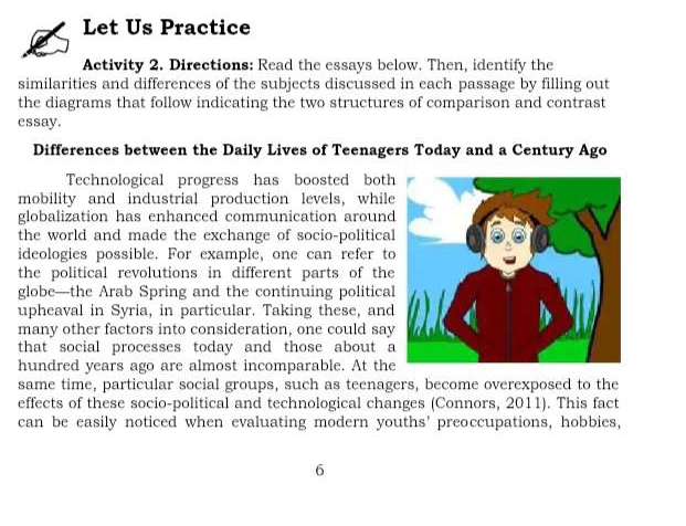 Let Us Practice 
Activity 2. Directions: Read the essays below. Then, identify the 
similarities and differences of the subjects discussed in each passage by filling out 
the diagrams that follow indicating the two structures of comparison and contrast 
essay. 
Differences between the Daily Lives of Teenagers Today and a Century Ago 
Technological progress has boosted both 
mobility and industrial production levels, whil 
globalization has enhanced communication around 
the world and made the exchange of socio-politica 
ideologies possible. For example, one can refer t 
the political revolutions in different parts of the 
globe—the Arab Spring and the continuing politica 
upheaval in Syria, in particular. Taking these, and 
many other factors into consideration, one could say 
that social processes today and those about 
hundred years ago are almost incomparable. At the 
same time, particular social groups, such as teenagers, become overexposed to the 
effects of these socio-political and technological changes (Connors, 2011). This fact 
can be easily noticed when evaluating modern youths' preoccupations, hobbies, 
6