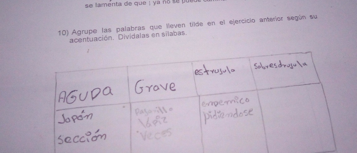 se lamenta de que ; ya no se pue 
10) Agrupe las palabras que lleven tilde en el ejercicio anterior según su 
acentuación. Divídalas en sílabas.