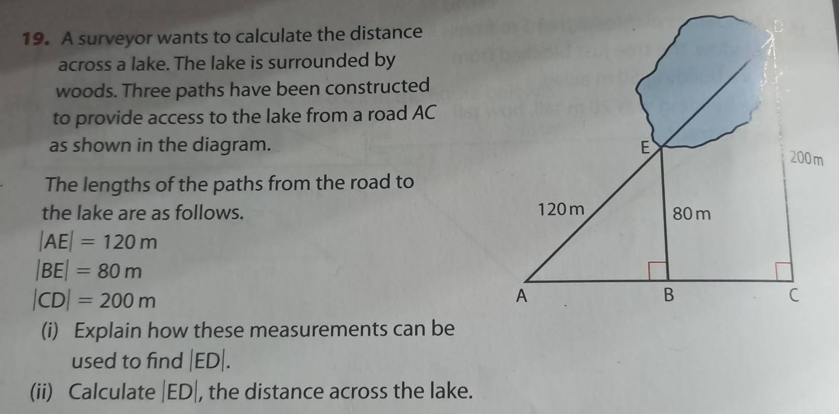 A surveyor wants to calculate the distance 
across a lake. The lake is surrounded by 
woods. Three paths have been constructed 
to provide access to the lake from a road AC
as shown in the diagram. E
200m
The lengths of the paths from the road to 
the lake are as follows. 120m 80 m
|AE|=120m
|BE|=80m
|CD|=200m
A 
B 
C 
(i) Explain how these measurements can be 
used to find | ED|. 
(ii) Calculate | ED|, the distance across the lake.