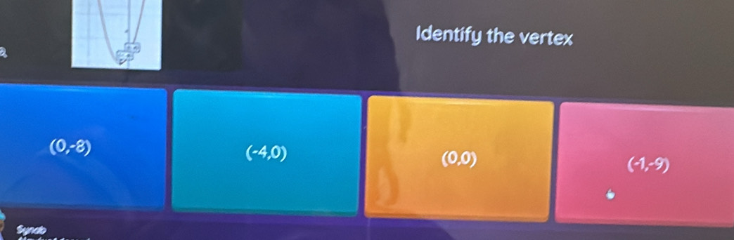 Identify the vertex
(0,-8)
(-4,0)
(0,0)
(-1,-9)