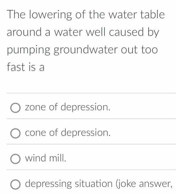 The lowering of the water table
around a water well caused by
pumping groundwater out too
fast is a
zone of depression.
cone of depression.
wind mill.
depressing situation (joke answer,