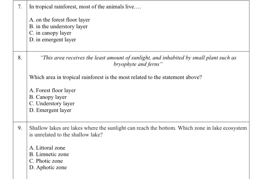 In tropical rainforest, most of the animals live…
A. on the forest floor layer
B. in the understory layer
C. in canopy layer
D. in emergent layer
8. “This area receives the least amount of sunlight, and inhabited by small plant such as
bryophyte and ferns“
Which area in tropical rainforest is the most related to the statement above?
A. Forest floor layer
B. Canopy layer
C. Understory layer
D. Emergent layer
9. | Shallow lakes are lakes where the sunlight can reach the bottom. Which zone in lake ecosystem
is unrelated to the shallow lake?
A. Littoral zone
B. Limnetic zone
C. Photic zone
D. Aphotic zone