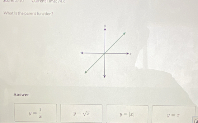 score: ∠ I10 Current Time: 74.6
What is the parent function?
Answer
y= 1/x  y=sqrt(x) y=|x| y=x