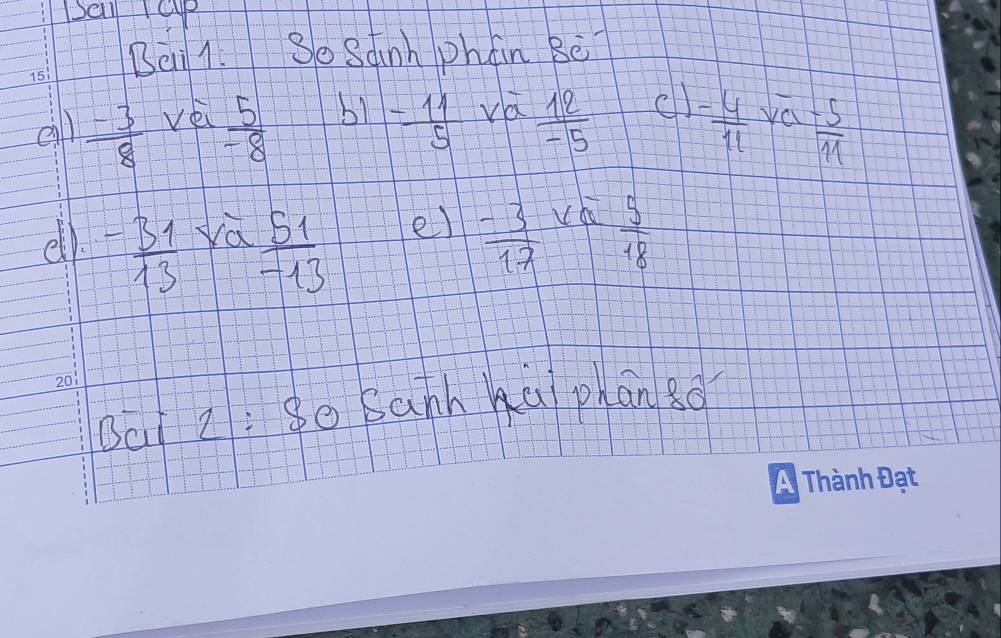 ell ap 
Be 1. So Sanh phán Bē 
eill  (-3)/8  vei  5/-8  b1  (-11)/5  va  12/-5  cll - 4/11  ya  (-5)/11 
el 
ell. - 31/13   51/-13   (-3)/17  vho  5/18 
Bai 2: so Sanh hà phan 8o