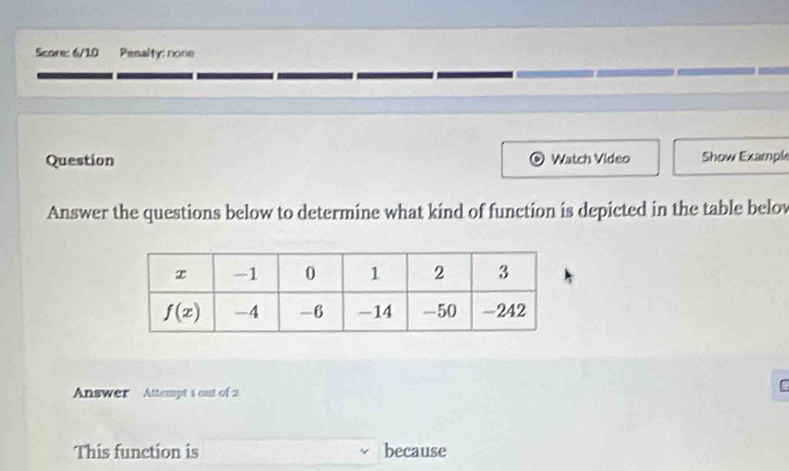 Score: 6/10 Penalty: none
Question Watch Video Show Exampk
Answer the questions below to determine what kind of function is depicted in the table belov
Answer Attempt 1 out of 2
This function is because