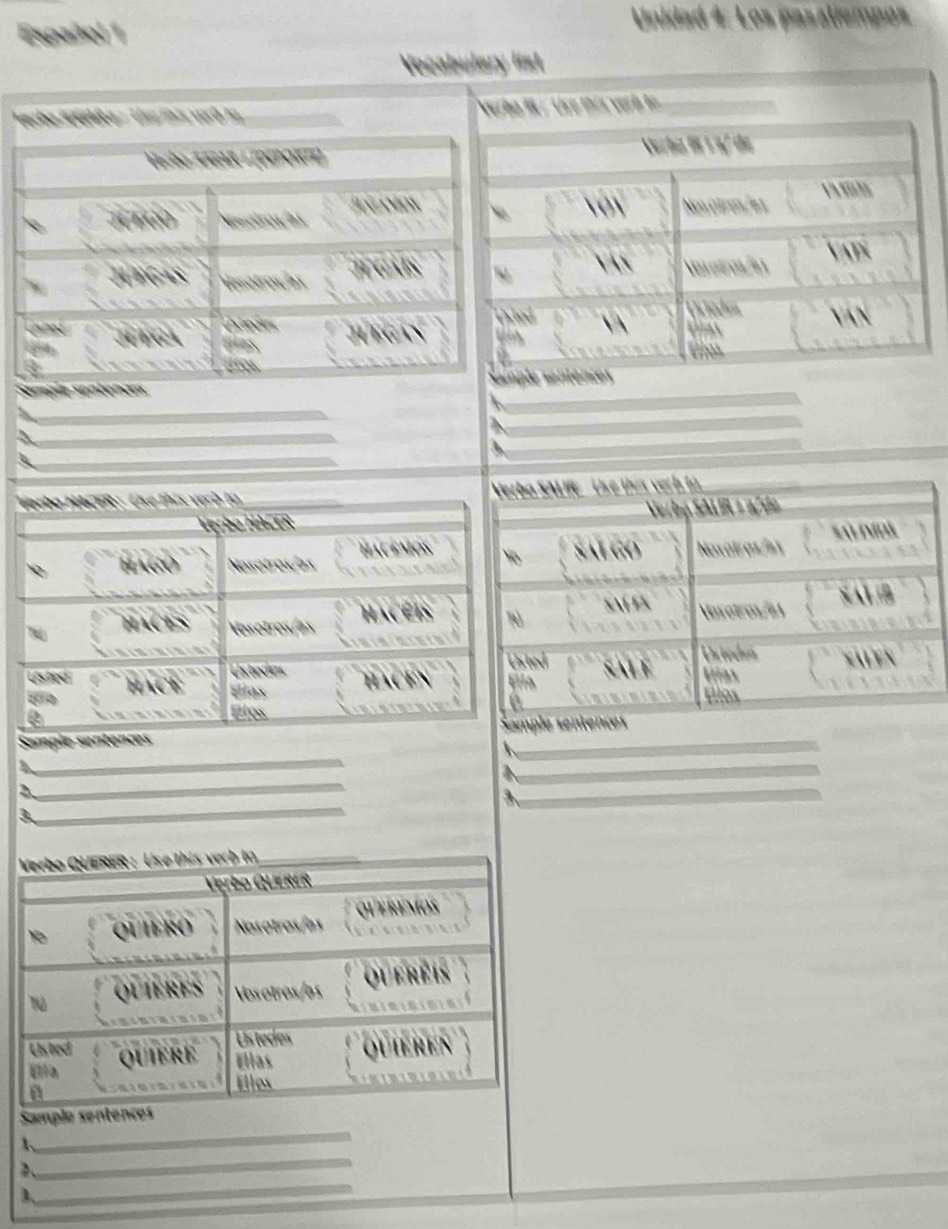 as pár 
Español 1 
Vonabulary = 
o R GAR 4 = T Pa vort la 
SALIRC Us e this verb t 
Verbø SALIR + a/ de 
xà nnh 
s al go 
Noxotros/av 

Vovotros/2 1 
ed Un todos 
a Lías 
Élos 
lé sentences 
_ 
_ 
Semple sent 
_ 
_ 
2 
_ 
_ 
_ 
Sample sente 
1 
_ 
_ 
2 
_ 
1