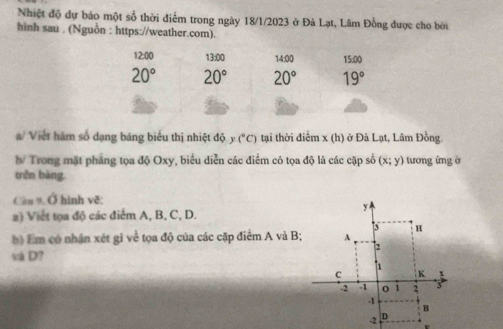 Nhiệt độ dự báo một số thời điểm trong ngày 18/1/2023 ở Đà Lạt, Lâm Đồng được cho bởi
hình sau . (Nguồn : https://weather.com).
/ Việt hám số dạng bảng biểu thị nhiệt độ y (^circ C) tại thời điểm x (h) ở Đà Lạt, Lâm Đồng.
h Trong mật phẳng tọa độ Oxy, biểu diễn các điểm có tọa độ là các cặp số (x;y) tương ứng ở
trên bàng.
Cầu 9. Ở hình vẽ:
) Việt tọa độ các điểm A, B, C, D.
bộ Em có nhận xét gì về tọa độ của các cặp điểm A và B;
và D?