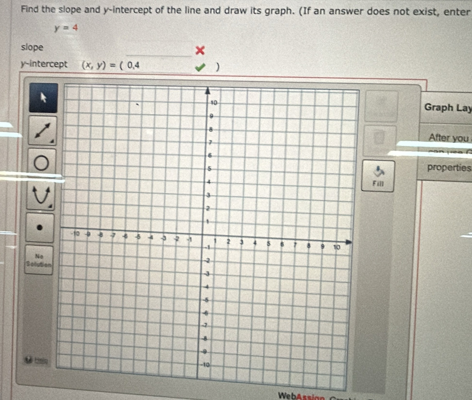 Find the slope and y-intercept of the line and draw its graph. (If an answer does not exist, enter
y=4
_ 
slope 
y-intercept (x,y)=(0,4 ) 
Graph Lay 
After you 
on jea ? 
properties 
Fill 
No 
Solutio 
WebAssian