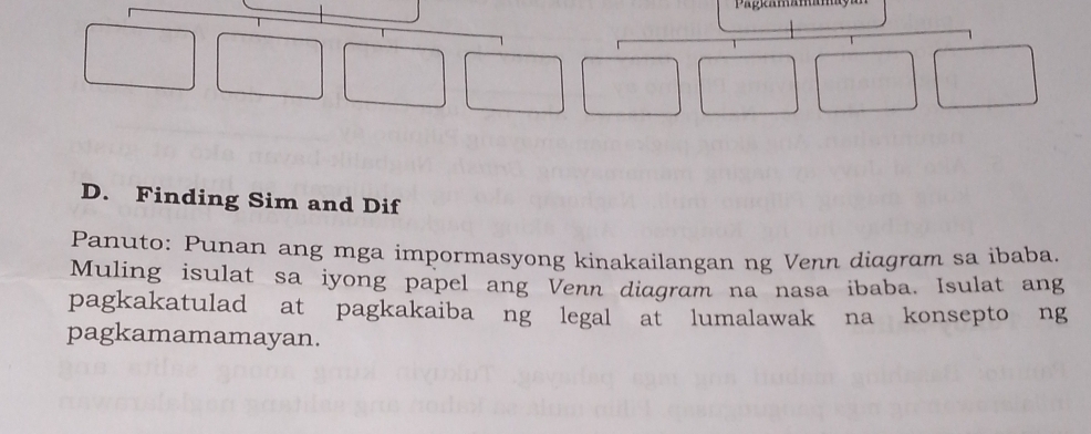 Finding Sim and Dif 
Panuto: Punan ang mga impormasyong kinakailangan ng Venn diagram sa ibaba. 
Muling isulat sa iyong papel ang Venn diagram na nasa ibaba. Isulat ang 
pagkakatulad at pagkakaiba ng legal at lumalawak na konsepto ng 
pagkamamamayan.