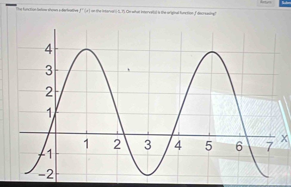 Return Suben 
The function below shows a derivative f'(x) on the interval (-1,7) On what interval(s) is the original function f decreasing?
x