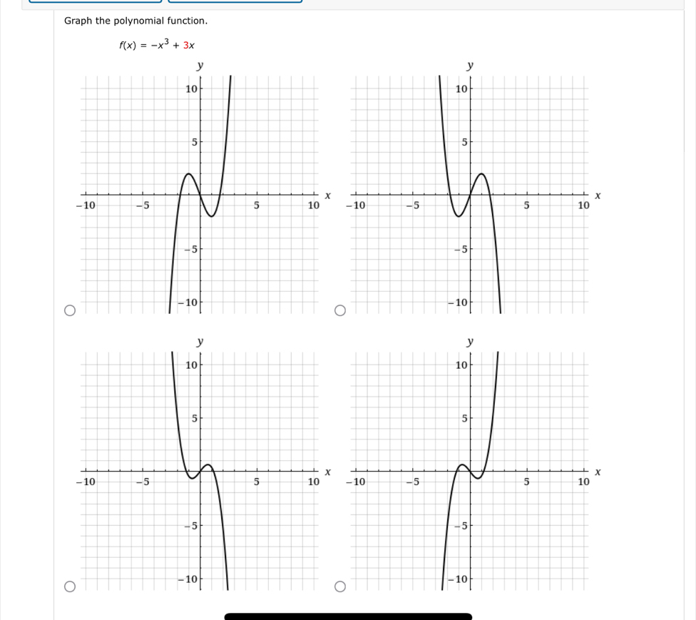 Graph the polynomial function.
f(x)=-x^3+3x