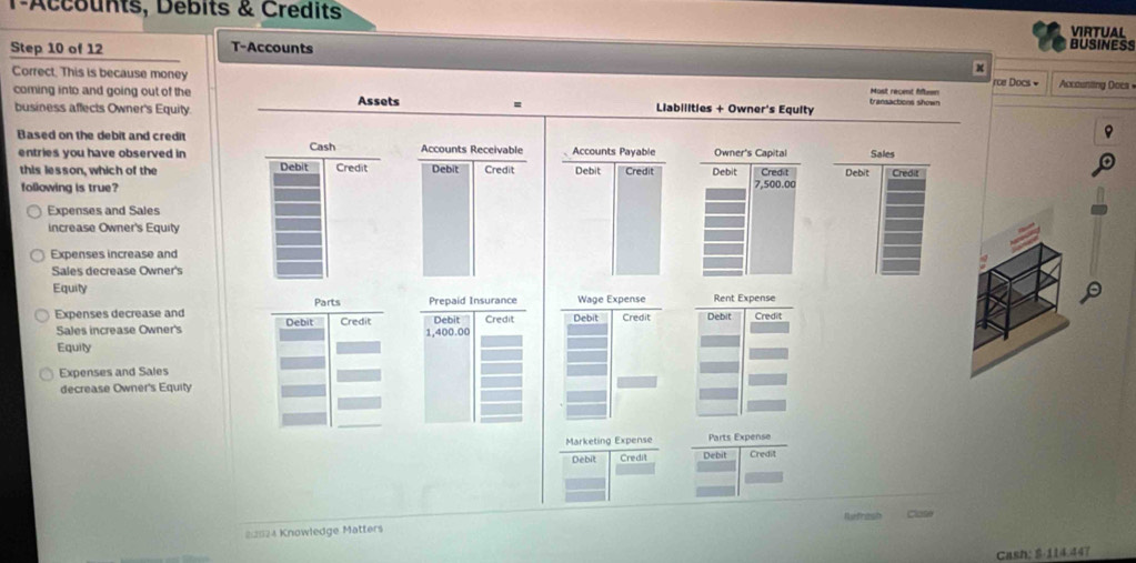 T-Accounts, Debits & Credits VIRTUAL
Step 10 of 12 T-Accounts
BUSINESS
x
Correct. This is because money transactions shown
Most recent fifton rce Docs = Accounting Does 
coming into and going out of the Assets = Liabilities + Owner's Equity
business affects Owner's Equity
Based on the debit and credit Owner's Capital Sales
entries you have observed in Cash Accounts Receivable Accounts Payable
this lesson, which of the Debit Credit Debit Credit Debit Credit Debit Cred t Debit Credit
following is true? 7,500.00
Expenses and Sales
increase Owner's Equity
Expenses increase and
Sales decrease Owner's
Equity Rent Expense
Parts Prepaid Insurance Wage Expense
Expenses decrease and Debit Credit Debit Credit Debit Credit Debit Credit
Sales increase Owner's
1,400.00
Equity
Expenses and Sales
decrease Owner's Equity
Parts Expense
Marketing Expense Debit Credit
Debit Credit
Refresh Close
2:024 Knowledge Matters
Cash: $-114.447