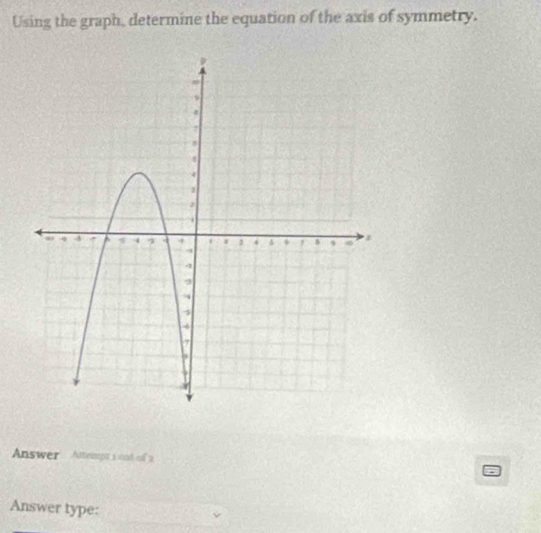 Using the graph, determine the equation of the axis of symmetry. 
Answer Attempt i and of 2 
Answer type: