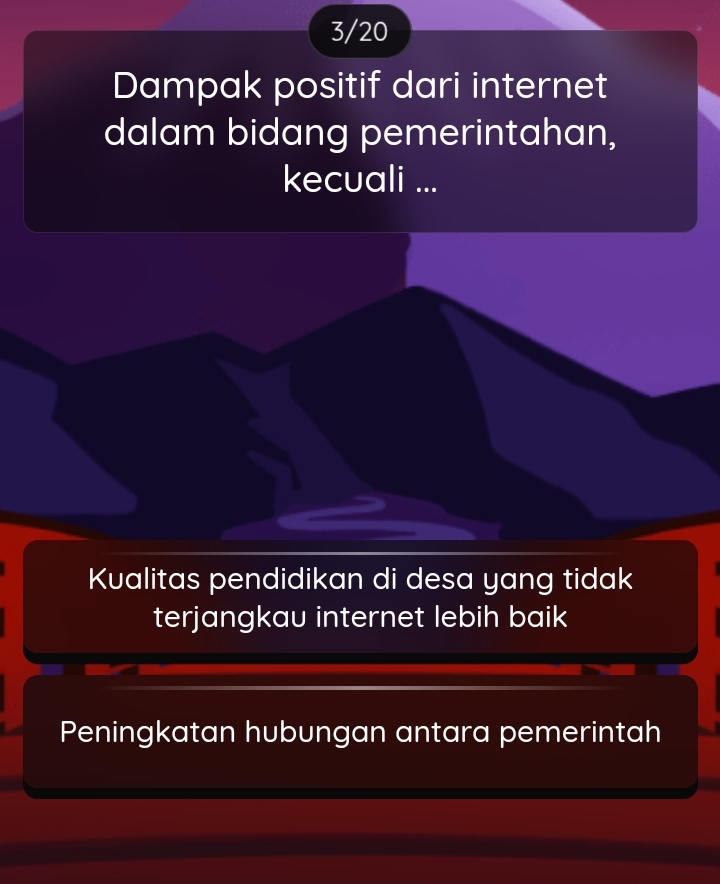 3/20
Dampak positif dari internet
dalam bidang pemerintahan,
kecuali ...
Kualitas pendidikan di desa yang tidak
terjangkau internet lebih baik
Peningkatan hubungan antara pemerintah