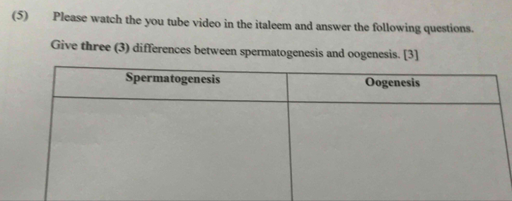 (5) Please watch the you tube video in the italeem and answer the following questions. 
Give three (3) differences between spermatogenesis and oogenesis. [3]