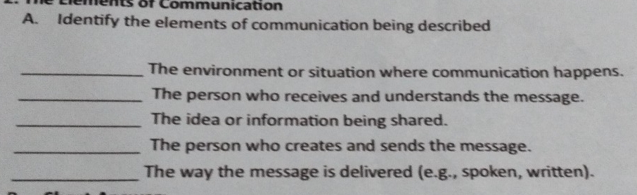 ements of Communication 
A. Identify the elements of communication being described 
_The environment or situation where communication happens. 
_The person who receives and understands the message. 
_The idea or information being shared. 
_The person who creates and sends the message. 
_The way the message is delivered (e.g., spoken, written).