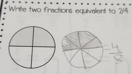 Write two fractions equivalent to 2/4.