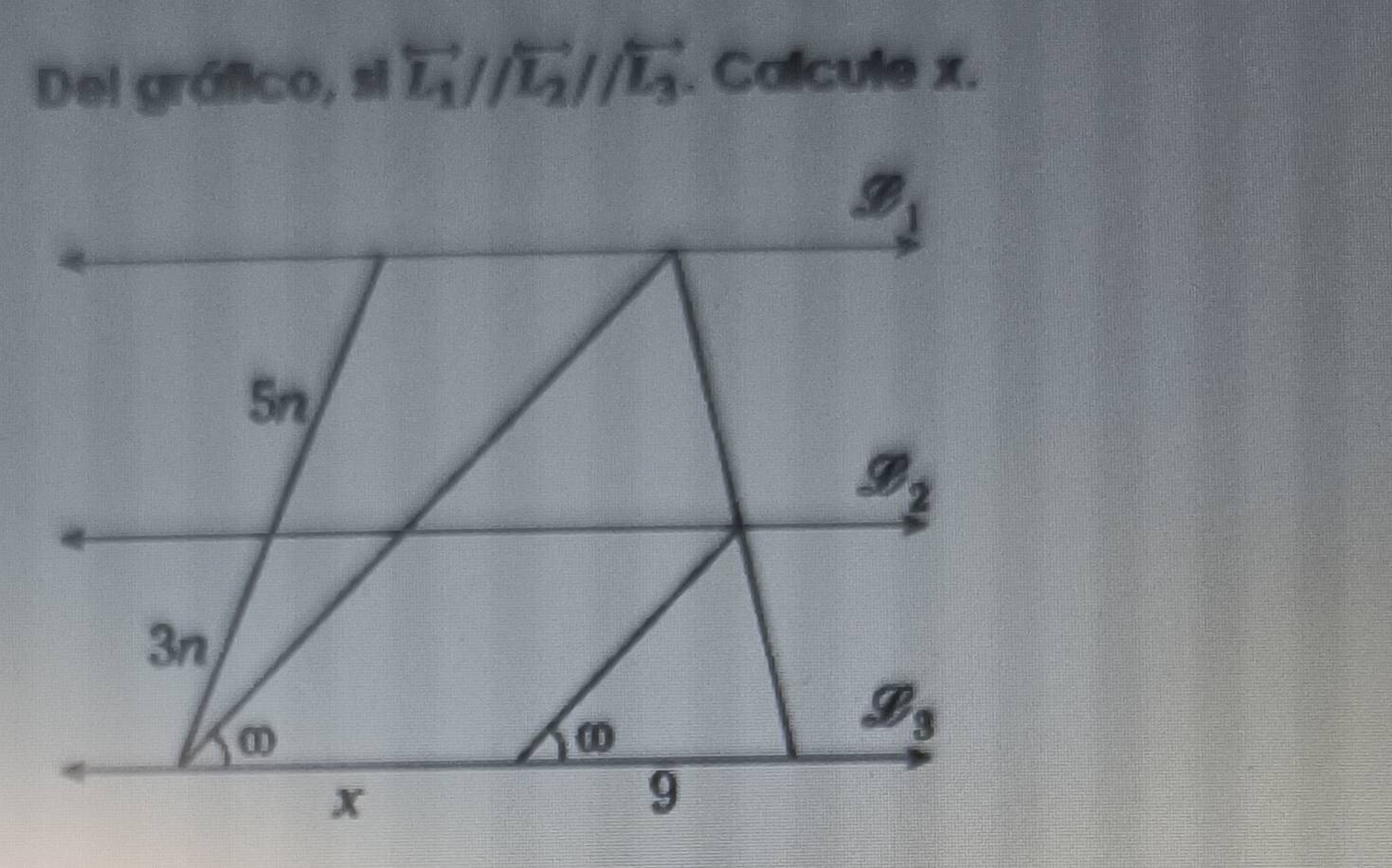 Del gráfico, si vector L_1//overleftrightarrow L_2//overleftrightarrow L_3. Calcule x.