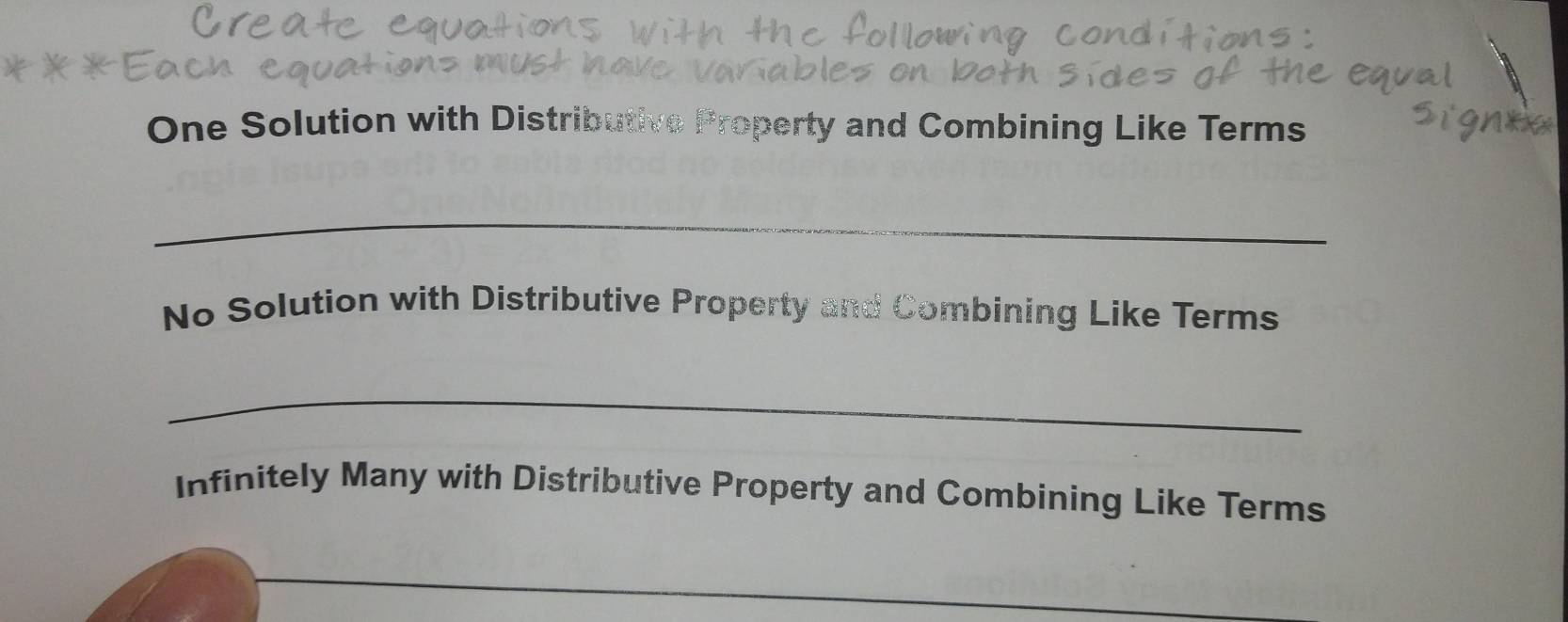 One Solution with Distributive Property and Combining Like Terms 
_ 
No Solution with Distributive Property and Combining Like Terms 
_ 
Infinitely Many with Distributive Property and Combining Like Terms