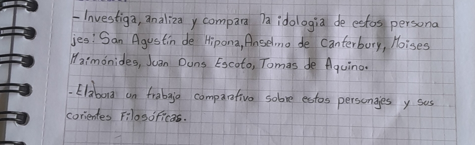 Investiga, analizay compara Ta idologia de estos persona 
jes: San Agustin de Hipona, Anselmo de canterbory, Hoises 
Haimonides, Juan Duns Escoto, Tomas de Aquino. 
Elabord on frabgjo compaative sobre estos persangies y sos 
corientes Filosoficas.