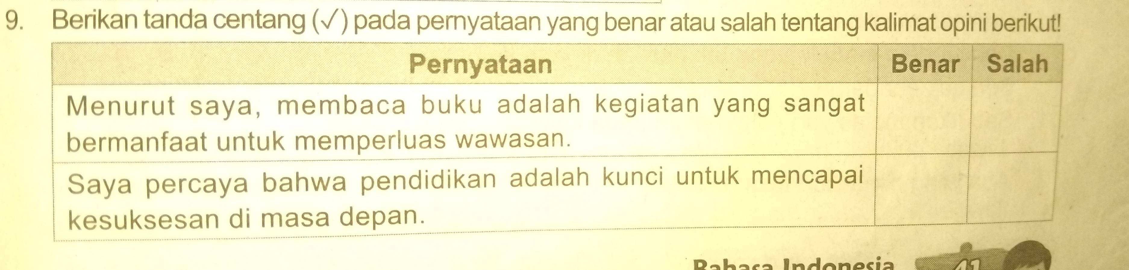 Berikan tanda centang (✓) pada pernyataan yang benar atau salah tentang kalimat opini berikut!