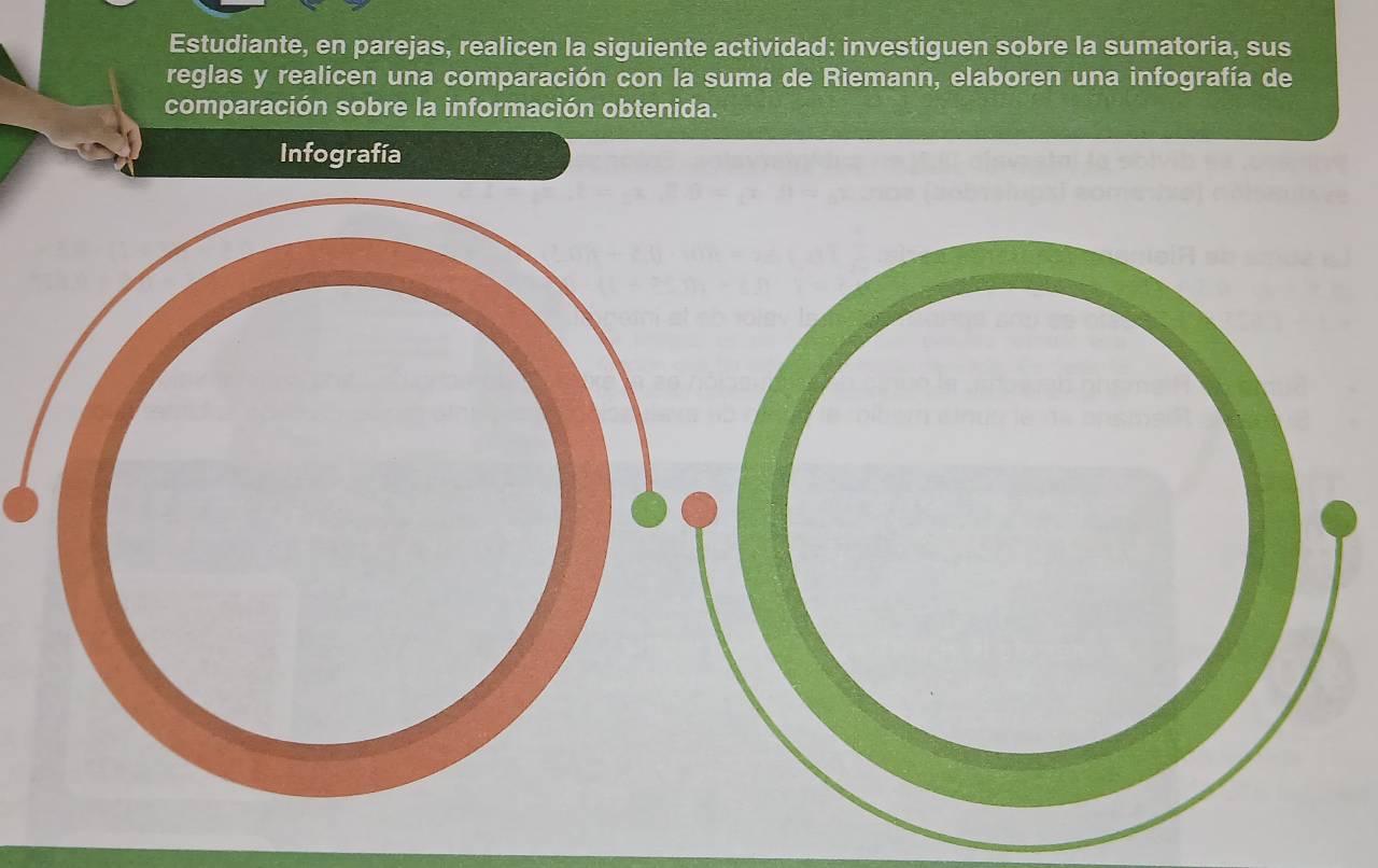 Estudiante, en parejas, realicen la siguiente actividad: investiguen sobre la sumatoria, sus 
reglas y realicen una comparación con la suma de Riemann, elaboren una infografía de 
comparación sobre la información obtenida. 
Infografía