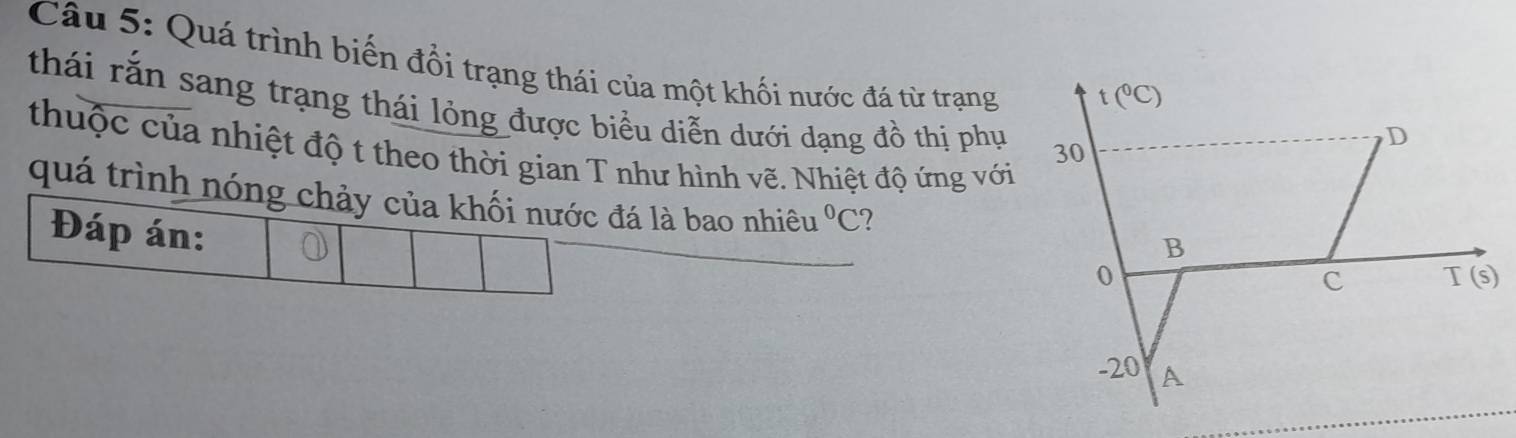 Quá trình biến đổi trạng thái của một khối nước đá từ trạng
thái rắn sang trạng thái lỏng được biểu diễn dưới dạng đồ thị phụ
thuộc của nhiệt độ t theo thời gian T như hình vẽ. Nhiệt độ ứng với
quá trình nóng chảy của khối nước đá là bao nhiêu^0C 2
Đáp án: