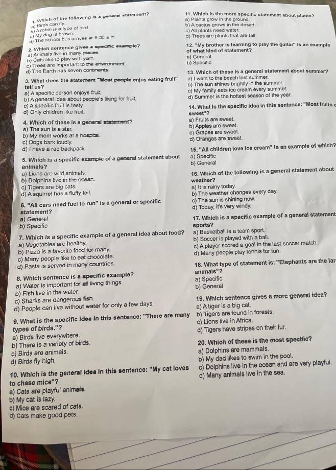 a) Plants grow in the ground
a) Birds can fly . Which of the following is a ganeral statement? 11. Which is the more specific statement about plants?
b) A cactus grows in the desert.
c) All plants need water.
c) My dog is brown b) A robin is a type of bird
d) The school bus arrives æ t 30 a m d) Trees are plants that are tall.
2. Which sentence gives a specic example? 12. "My brother is learning to play the guitar'' is an example
a) Animals live in many piaces of what kind of statement?
b) Cats like to play with yam a) General
c) Trees are important to the environment b) Specific
d) The Earth has seven continents 13. Which of these is a general statement about summer?
3. What does the statement "Most people enjoy eating fruit"
tell us? a) I went to the beach last summer.
b) The sun shines brightly in the summer.
a) A specific person enjoys fruit c) My family eats ice cream every summer.
b) A general idea about peopie's liking for fruit. d) Summer is the hottest season of the year.
c) A specific fruit is tasty
d) Only children like fruit. sweet"? 14. What is the specific idea in this sentence: "Most fruits 
4. Which of these is a general statement? a) Fruits are sweet.
a) The sun is a star. b) Apples are sweet.
b) My mom works at a hospical c) Grapes are sweet.
c) Dogs bark loudly. d) Oranges are sweet.
d) I have a red backpack.
15. "All children love ice cream" is an example of which?
5. Which is a specific example of a general statement about a) Specific
animals?
a) Lions are wild animals b) General
b) Dolphins live in the ocean. 16. Which of the following is a general statement about
c) Tigers are big cats weather?
a) It is rainy today.
d) A squirre! has a fluffy tail. b) The weather changes every day.
6. "All cars need fuel to run" is a general or specific c) The sun is shining now.
statement? d) Today, it's very windy.
a) General
b) Specific sports? 17. Which is a specific example of a general statement
7. Which is a specific example of a general idea about food? a) Basketball is a team sport
a) Vegetables are healthy b) Soccer is played with a ball.
b) Pizza is a favorite food for many. c) A player scored a goal in the last soccer match.
c) Many people like to eat chocolate. d) Many people play tennis for fun.
d) Pasta is served in many countries. 18. What type of statement is: "Elephants are the lar
8. Which sentence is a specific example? animals"?
a) Water is important for all living things a) Specific
b) Fish live in the water. b) General
c) Sharks are dangerous fish 19. Which sentence gives a more general idea?
d) People can live without water for only a few days. a) A tiger is a big cat.
9. What is the specific ides in this sentence: "There are many b) Tigers are found in forests.
types of birds."? c) Lions live in Africa
a) Birds live everywhere. d) Tigers have stripes on their fur,
b) There is a variety of birds.
c) Birds are animals. 20. Which of these is the most specific?
a) Dolphins are mammals.
d) Birds fly high. b) My dad likes to swim in the pool.
10. Which is the general idea in this sentence: "My cat loves c) Dolphins live in the ocean and are very playful.
to chase mice"? d) Many animals live in the sea.
a) Cats are playful animals
b) My cat is fazy.
c) Mice are scared of cats.
d) Cats make good pets.