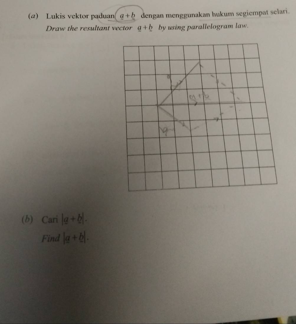 Lukis vektor paduan _ a+_ b dengan menggunakan hukum segiempat selari. 
Draw the resultant vector _ a+_ b by using parallelogram law. 
(b) Cari |a+b|. 
Find |a+b|.