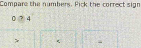 Compare the numbers. Pick the correct sign
? 4
=