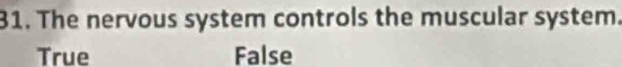 The nervous system controls the muscular system.
True False