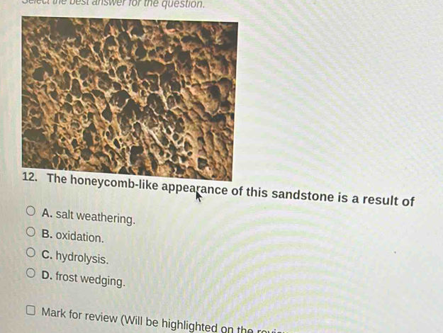 Select the best answer for the question
12. The honeycomb-like appearance of this sandstone is a result of
A. salt weathering.
B. oxidation.
C. hydrolysis.
D. frost wedging.
Mark for review (Will be highlighted on te