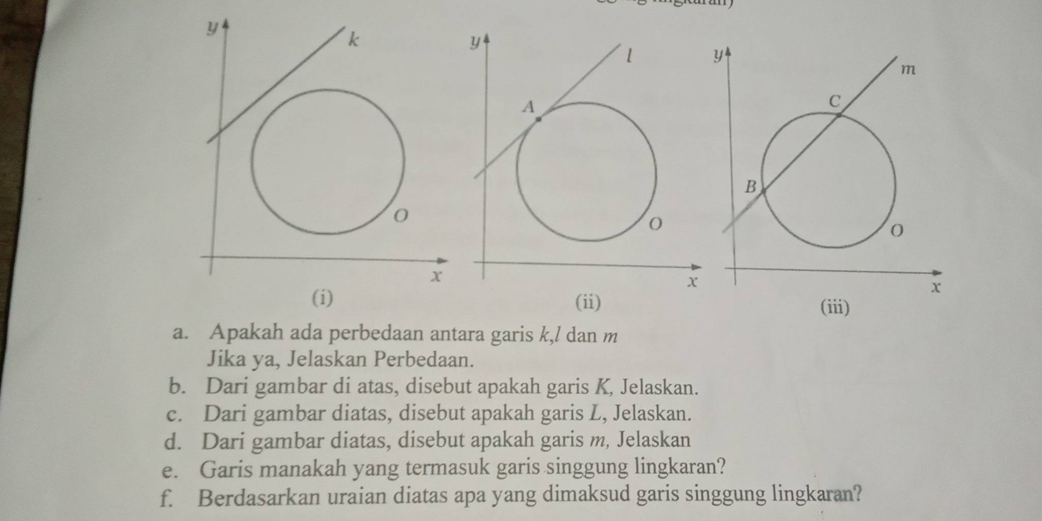 Apakah ada perbedaan antara garis k,/ dan m
Jika ya, Jelaskan Perbedaan. 
b. Dari gambar di atas, disebut apakah garis K, Jelaskan. 
c. Dari gambar diatas, disebut apakah garis L, Jelaskan. 
d. Dari gambar diatas, disebut apakah garis m, Jelaskan 
e. Garis manakah yang termasuk garis singgung lingkaran? 
f. Berdasarkan uraian diatas apa yang dimaksud garis singgung lingkaran?