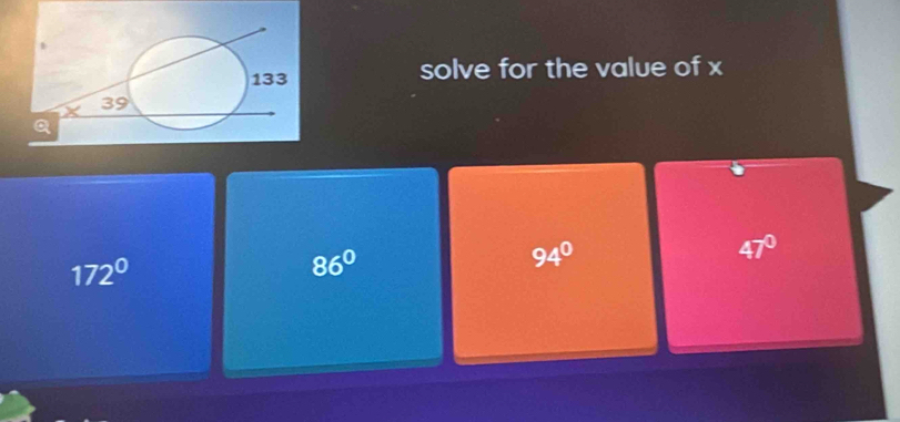 solve for the value of x
47°
172°
86°
94°