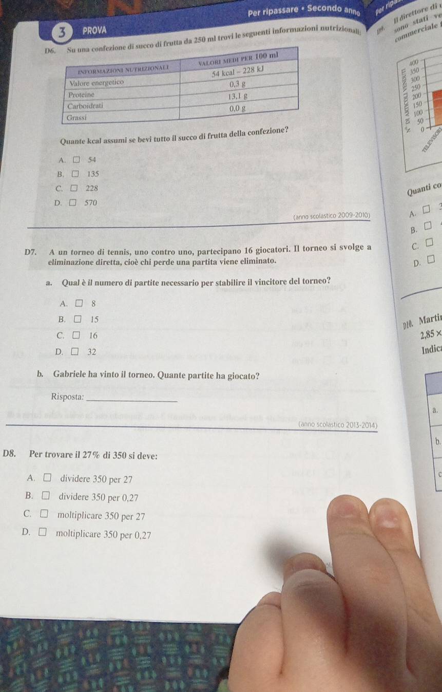 Per ripassare « Secondo anna r rip
Il direttore di 
3 PROVA
commerciale 
frutta da 250 ml trovi le seguenti informazioni nutrizional 09 sono stati ve
400
350
100
250
200
150
100
50
Quante kcal assumi se bevi tutto il succo di frutta della confezione?
0
A. 54
B. 135
C. 228
Quanti co
D. 570
(anno scolastico 2009-2010) A. □
B. □ 
D7. A un torneo di tennis, uno contro uno, partecipano 16 giocatori. Il torneo si svolge a C. □
eliminazione diretta, cioè chi perde una partita viene eliminato. □ 
D.
a. Qual è il numero di partite necessario per stabilire il vincitore del torneo?
A. 8
B. □ 15
p10. Martir
C. □ 16 2,85*
D. □ 32
Indic
b. Gabriele ha vinto il torneo. Quante partite ha giocato?
Risposta:_
a.
(anno scolastico 2013-2014)
b.
D8. Per trovare il 27% di 350 si deve:
A. □ dividere 350 per 27
B. □ dividere 350 per 0,27
C. □ moltiplicare 350 per 27
D. □ moltiplicare 350 per 0,27