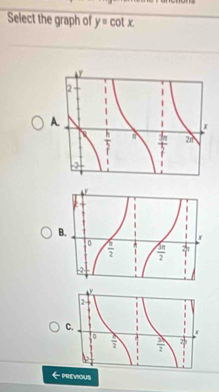 Select the graph of y=cot x.
A
B
C
PREVIOUS