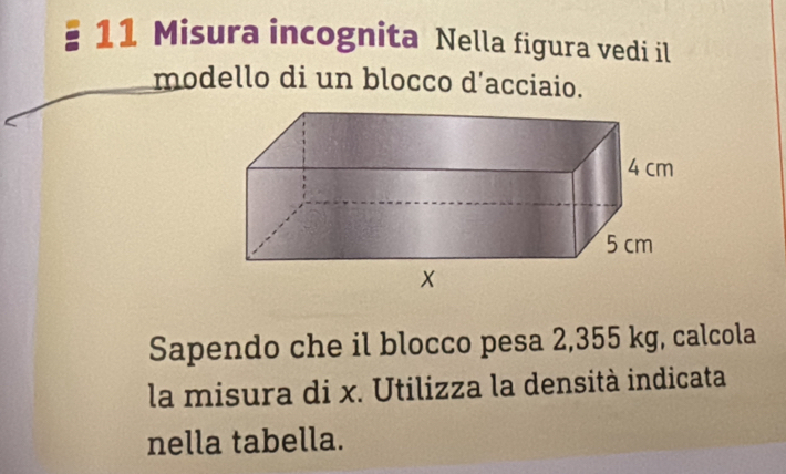 Misura incognita Nella figura vedi il 
modello di un blocco d’acciaio. 
Sapendo che il blocco pesa 2,355 kg, calcola 
la misura di x. Utilizza la densità indicata 
nella tabella.