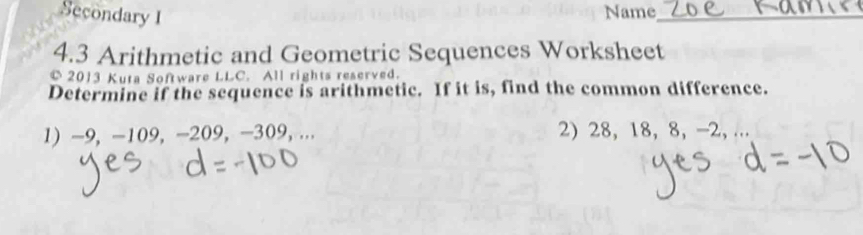 Solved: Secondary I Name_ _ 4.3 Arithmetic and Geometric Sequences ...