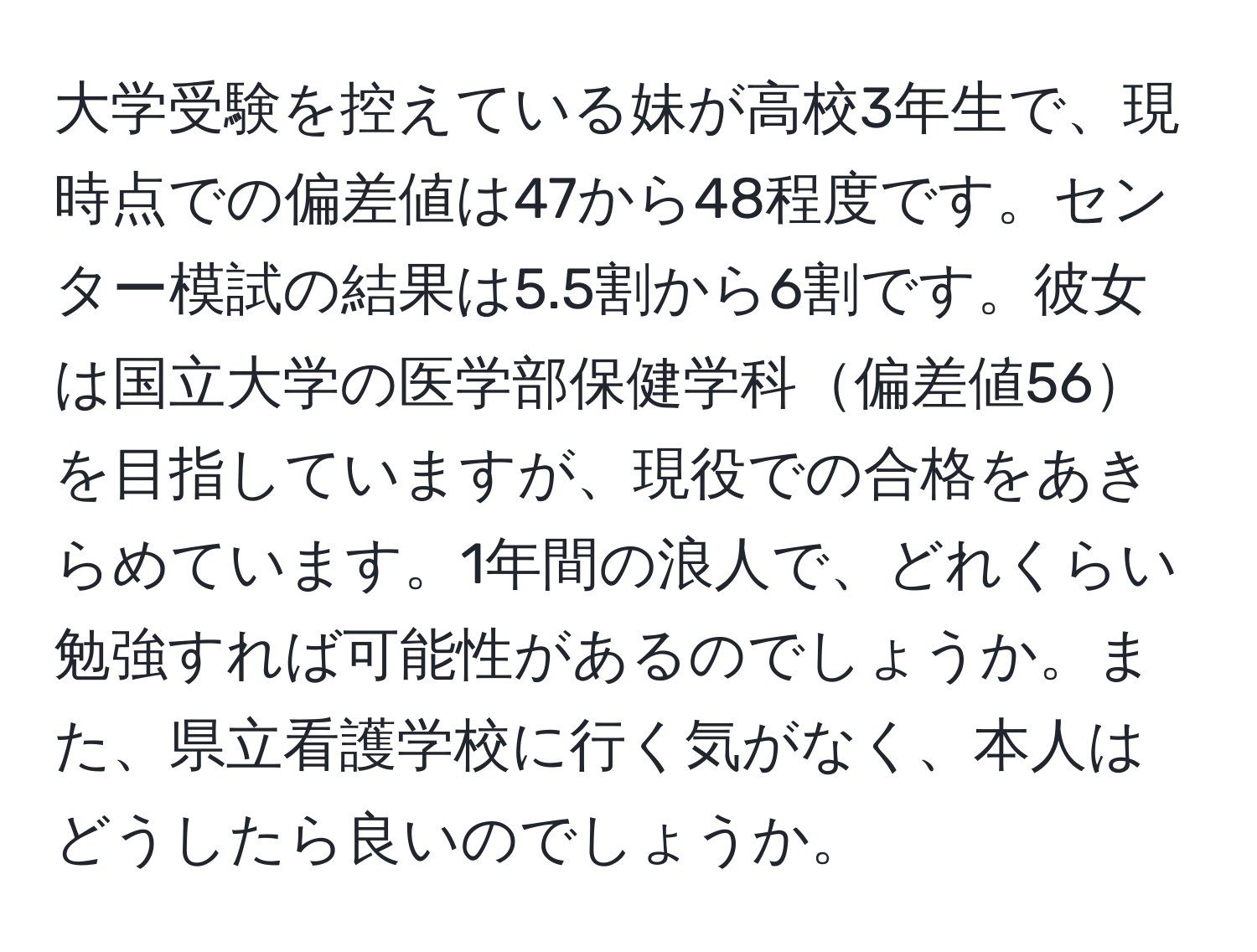 大学受験を控えている妹が高校3年生で、現時点での偏差値は47から48程度です。センター模試の結果は5.5割から6割です。彼女は国立大学の医学部保健学科偏差値56を目指していますが、現役での合格をあきらめています。1年間の浪人で、どれくらい勉強すれば可能性があるのでしょうか。また、県立看護学校に行く気がなく、本人はどうしたら良いのでしょうか。