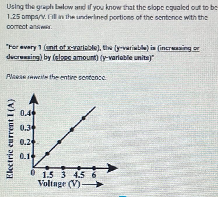 Using the graph below and if you know that the slope equaled out to be
1.25 amps/V. Fill in the underlined portions of the sentence with the 
correct answer. 
"For every 1 (unit of x -variable), the (y -variable) is (increasing or 
decreasing) by (slope amount) (y -variable units)" 
Please rewrite the entire sentence.