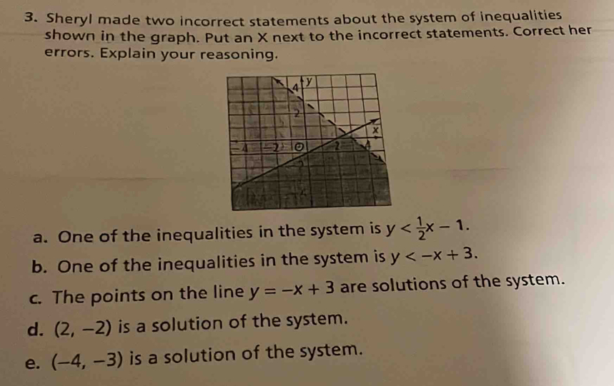 Sheryl made two incorrect statements about the system of inequalities
shown in the graph. Put an X next to the incorrect statements. Correct her
errors. Explain your reasoning.
a. One of the inequalities in the system is y .
b. One of the inequalities in the system is y .
c. The points on the line y=-x+3 are solutions of the system.
d. (2,-2) is a solution of the system.
e. (-4,-3) is a solution of the system.