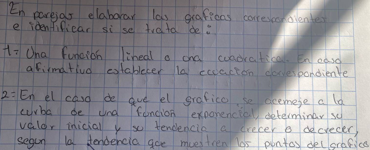 En pareias elaborar las grafecas correseonolentes 
e idenfifiear si se trelta de. 
Hi Una funcioh lineal o cha weoratica. En caso 
arirmatioo extablecer la ecoacion corespondiente 
2=En el caso de ave el grafico, se acemese a ld 
curba be and funcion exporencicl determinar se 
valor iniciall y so tendencia a crecer o decrecer, 
segon la tendencia aoe moestren 19s puntos decsrefice