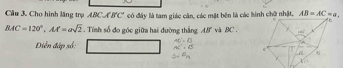 Cho hình lăng trụ ABC. A'B' 'C có đáy là tam giác cân, các mặt bên là các hình chữ nhật, AB=AC=a,
BAC=120°,AA'=asqrt(2). Tính số đo góc giữa hai đường thẳng AB' và BC  .
Điền đáp số: