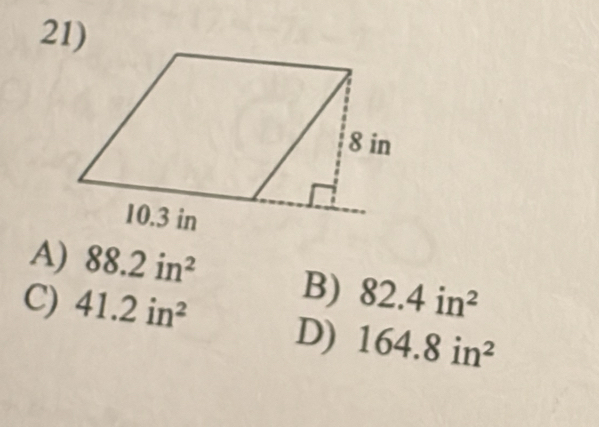 A) 88.2in^2 B) 82.4in^2
C) 41.2in^2 D) 164.8in^2