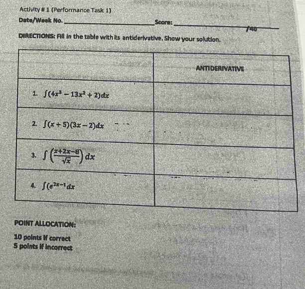 Activity # 1 (Performance Task 1)
_
Date/Week No. _Score:
DIRECTIONS: Fill in the table with its antiderivative. Show your solution.
POINT ALLOCATION:
10 points if correct
5 points if incorrect