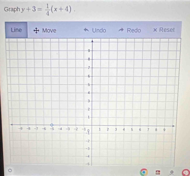 Graph y+3= 1/4 (x+4). 
Line Move Undo Redo × Reset