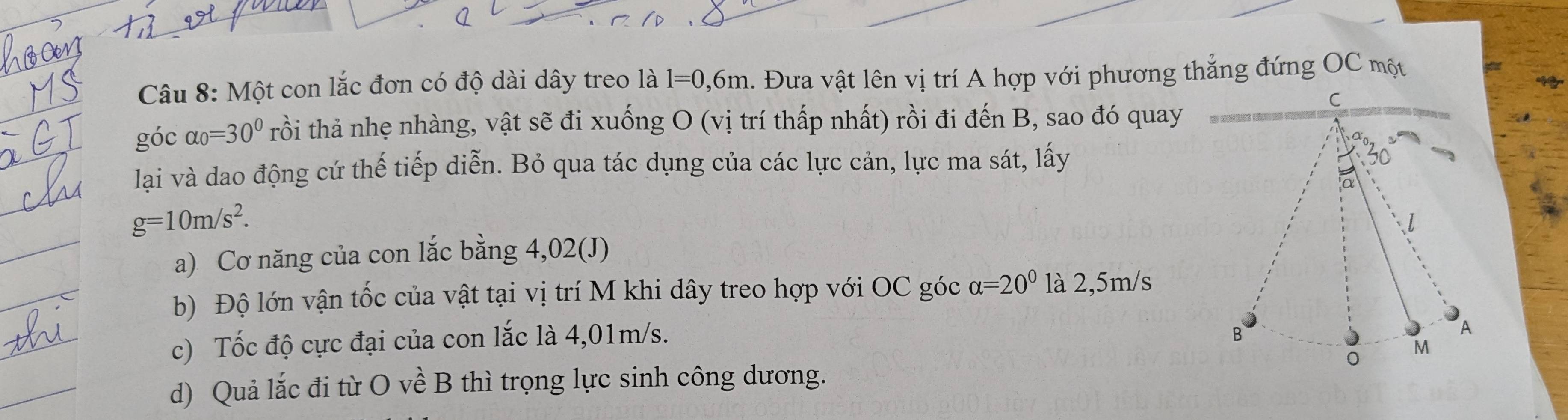 Một con lắc đơn có độ dài dây treo là l=0,6m. Đưa vật lên vị trí A hợp với phương thắng đứng OC một 
C 
góc alpha _0=30° rồi thả nhẹ nhàng, vật sẽ đi xuống O (vị trí thấp nhất) rồi đi đến B, sao đó quay 
lạai và dao động cứ thế tiếp diễn. Bỏ qua tác dụng của các lực cản, lực ma sát, lấy 
a
g=10m/s^2. 
1 
a) Cơ năng của con lắc bằng 4,02 (J) 
b) Độ lớn vận tốc của vật tại vị trí M khi dây treo hợp với OC góc alpha =20^0 là 2,5m/s
c) Tốc độ cực đại của con lắc là 4,01m/s.
B
A
M
d) Quả lắc đi từ O về B thì trọng lực sinh công dương.