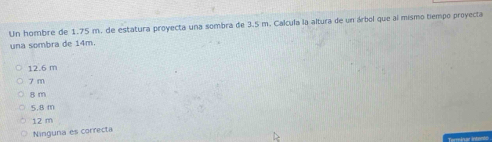 Un hombre de 1.75 m. de estatura proyecta una sombra de 3.5 m. Calcula la altura de un árbol que al mismo tiempo proyecta
una sombra de 14m.
12.6 m
7 m
8 m
5.8 m
12 m
Ninguna es correcta