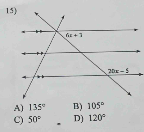 A) 135° B) 105°
C) 50° D) 120°